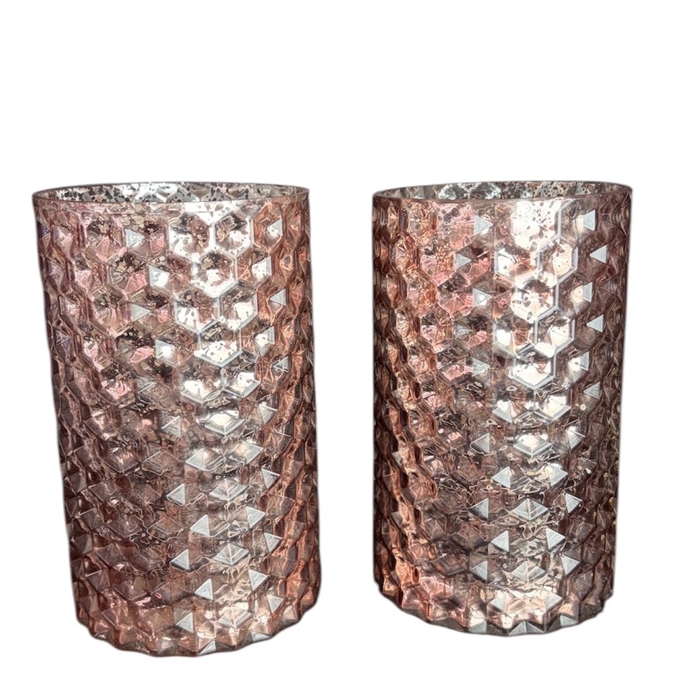 Set of Two DAVID TUTERA Rose Textured Pink Glass Hurricane Vases/Candle Holders